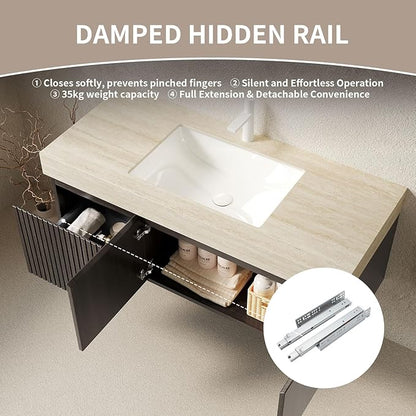 48 Inch Floating Bathroom Vanity with Sink, Wall-Mounted Bathroom Vanity with Drawer and 2 Doors, Roma Travertine-Pattern Countertop and Ceramic Basin, Pre-Assembled,Espresso