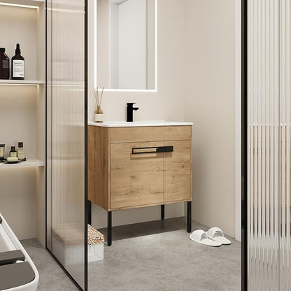 SSLine 2-in-1 Wall Mounted & Free Standing Bathroom Vanity with Sink Modern 30" Bathroom Vanity with Top Basin&Storage Cabinet Brown Oak Wood Bath Vanity w/Ceramic Sink for Small Space-Legs Removable