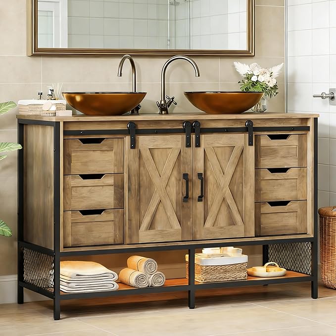 Concho 47'' Farmhouse Bathroom Vanity with Double Vessel Sink, Bathroom Sink Storage Cabinet with LED Light & Sliding Barn Door, Adjustable Shelf, 3 Drawers, Side Hooks, Vintage Brown