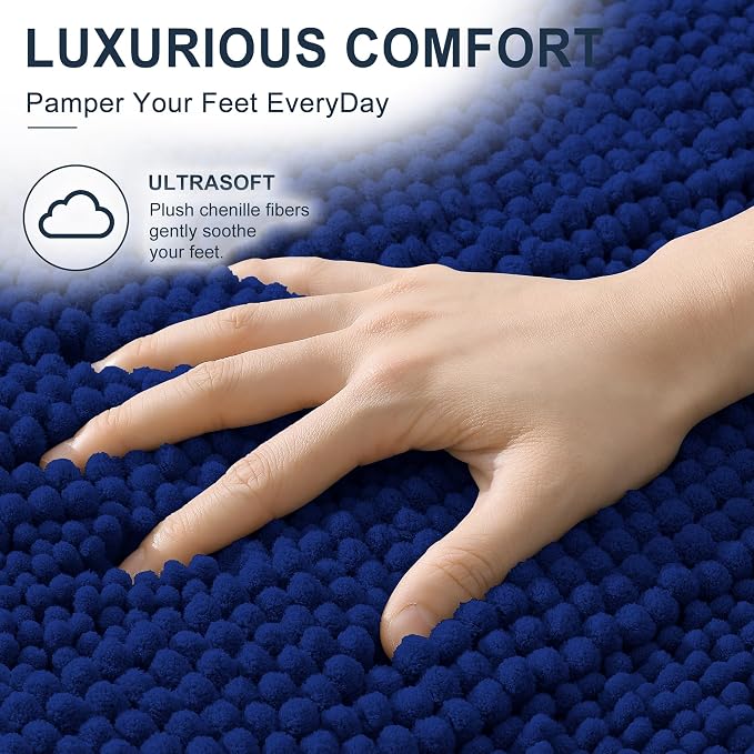 Smiry Thick Chenille Bathroom Runner Rugs 59x20, Absorbent Bath Mat, Navy | Quick‑Dry & Machine Washable, Non‑Slip Bath Carpet, Soft Striped Bath Rugs for Tub & Shower, Modern Home Decor Accessories
