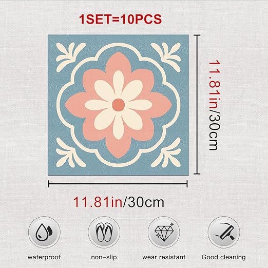 Retro Blue Pink Flower Peel and Stick Floor Tiles 12x12 Inch 10PCS | Retro blue pink cream flower tile pattern vinyl floor stickers for kitchen bathroom entryway and indoor home decor