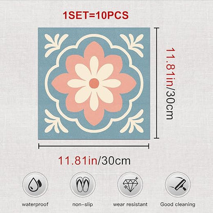 Retro Blue Pink Flower Peel and Stick Floor Tiles 12x12 Inch 10PCS | Retro blue pink cream flower tile pattern vinyl floor stickers for kitchen bathroom entryway and indoor home decor