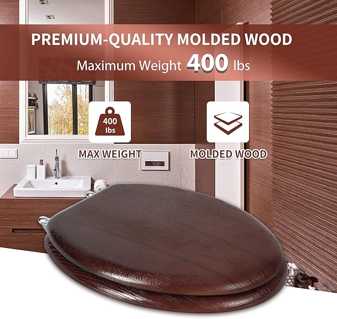 Angel Shield Durable Wood Veneer Natural Toilet Seat Metal Hinged Easy Clean Anti-scratch American Standard(Elongated,Dark Walnut)
