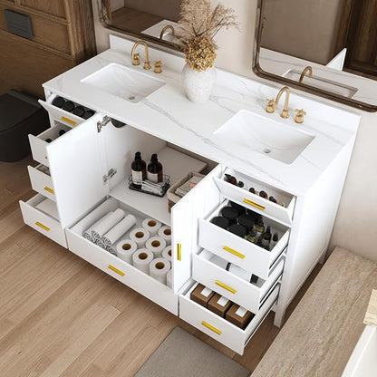 60 Inch Bathroom Vanity with Double Sink&Countertop,Carrara White Quartz Counter Top with Sink&Backsplash,White Bathroom Cabinet Set with 2 Doors and 9 Drawer(Three Holes)