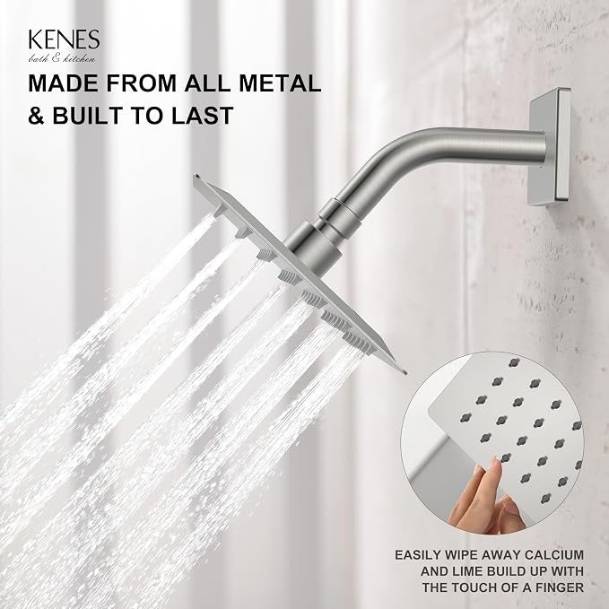 KENES Shower Set with Tub Faucet, Brushed Nickel Tub and Shower Trim Kit | Shower Faucet with 6-Inch Rain Shower Head, Square Shower System, Valve Included, Lead-Free cUPC & NSF Certified, Stainless