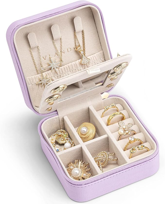 VLANDO Travel Jewelry Case with Mirror, Storage 3 Pairs of Stud Earrings | Necklace Hook for Anti-tangle, Removable Dividers, Waterproof PU Leather,Portable Storage for Rings, Necklace Gifts for Women