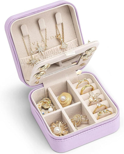 VLANDO Travel Jewelry Case with Mirror, Storage 3 Pairs of Stud Earrings | Necklace Hook for Anti-tangle, Removable Dividers, Waterproof PU Leather,Portable Storage for Rings, Necklace Gifts for Women