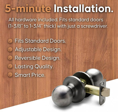 Copper Creek Passage Interior Door Knob – ANSI Grade-3 Certified, Modern Heavy Duty Handle, Easy Install and Reversible for Bedroom, Bathroom & Closets – Antique Nickel (1 Pack)