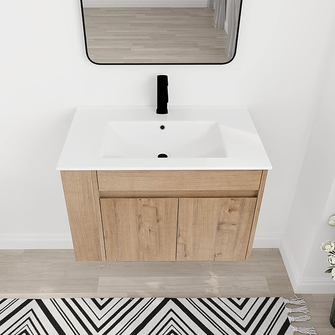 30 in Wall-Mounted Bathroom Vanity with Sink Combo, Modern Floating Bathroom Vanity Set with Ceramic Top Basin and 2 Door&Adjustable Shelf for Small Space, Brown