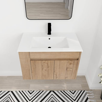 30 in Wall-Mounted Bathroom Vanity with Sink Combo, Modern Floating Bathroom Vanity Set with Ceramic Top Basin and 2 Door&Adjustable Shelf for Small Space, Brown