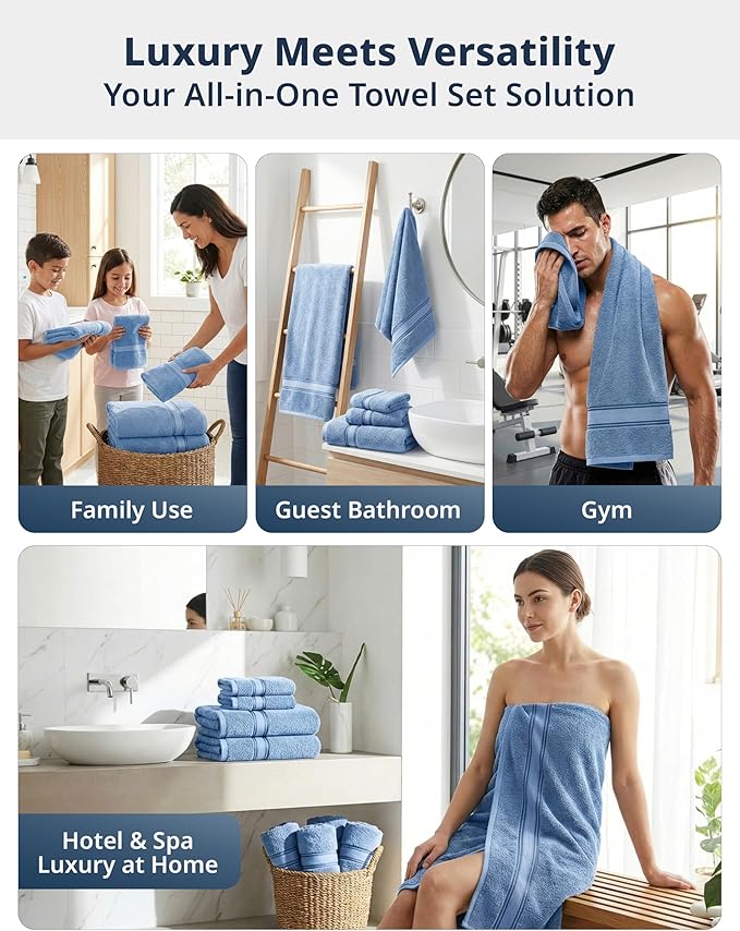LANE LINEN Large Bath Towel Set Absorbent Quick Dry 100% Cotton - Allure | Cotton Towels - Fade-Resistant Color, Classic Terry Weave, Densely Woven, Coordinated Colors, Dobby Border Accent