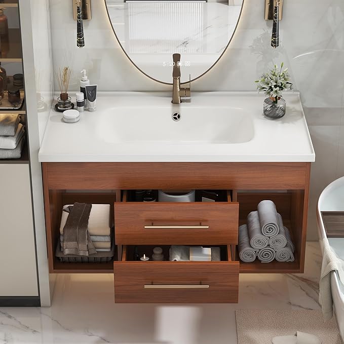 36" Modern Bathroom Vanity Sink Set Wall-Mounted Bathroom Vanities with Ceramic Sink 36 inch Floating Walnut Wood Bathroom Sink Cabinet with 2 Drawers&2 Open Shelves&Gold Metal Handle