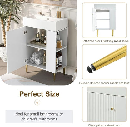 Merax 21.6 Inch Bathroom Vanity with Top Sink, Modern Small Bathroom Storage Cabinet with Right Side Storage, Solid Wood Frame Single Sink Bath Vanities, White