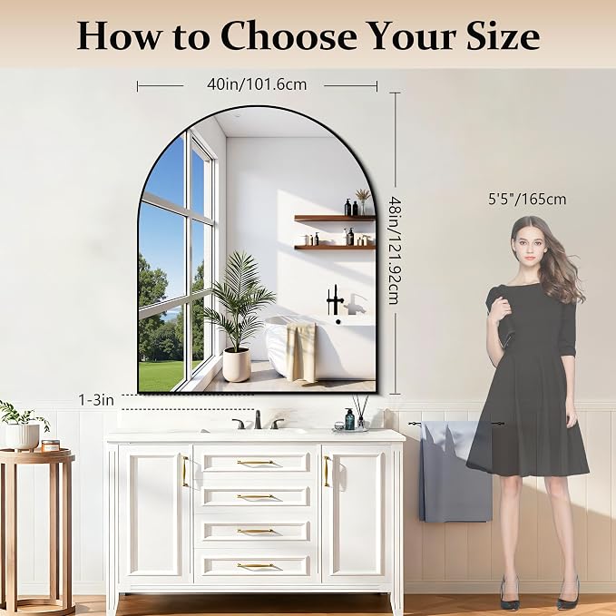 COFENY Arched Mirror, 40’’x48’’ Black Arch Mirror for Bathroom, Large Arched Bathroom Mirror with Frame, Modern Wall Mounted Mirror for Over Sink Mantle Bedroom Vanity Living Room Entryway