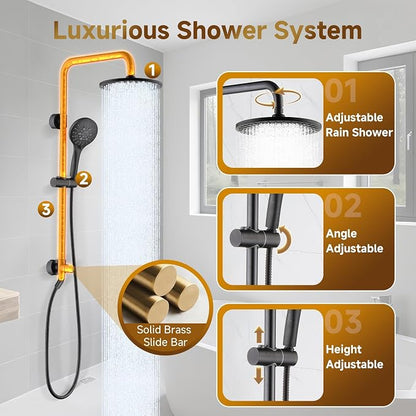 BRIGHT SHOWERS Rain Shower Heads System - 9 Inch Rainfall Shower Head and Handheld Shower Head with Height Adjustable Holder, Solid Brass Rail and 60" Long Stainless Steel Hose, Oil-Rubbed Bronze