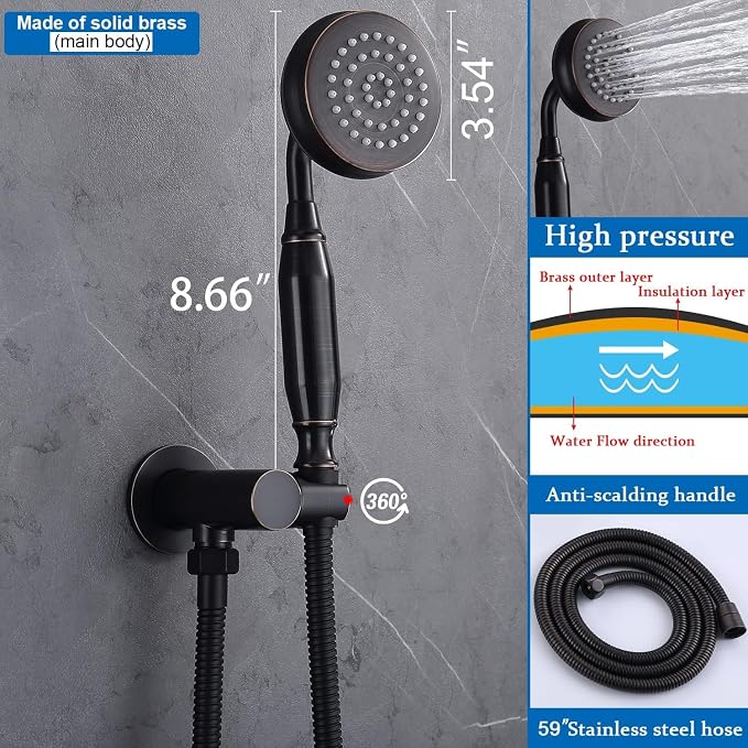 Enga Antique Brass Tub Shower Faucet Fixture Shower System, 8inch Wall Mount Rain Shower with Spout and Hand Spray,Oil Rubbed Bronze