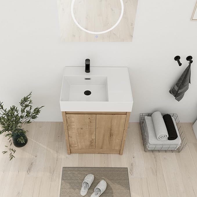 24'' Freestanding Bathroom Vanity, 24 Inch Floor Stand Bathroom Vanity with Sink, Single Resin Sink Cabinet Set, Modern Storage Cabinet, with Soft Closing Door, B03624IMO-+24120LMO