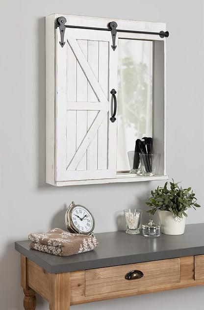 Kate and Laurel Cates Decorative Wood Wall Storage Cabinet with Rectangle Mirror and Sliding Barn Door, 22 x 28, Rustic White, Farmhouse Decor for Wall Storage