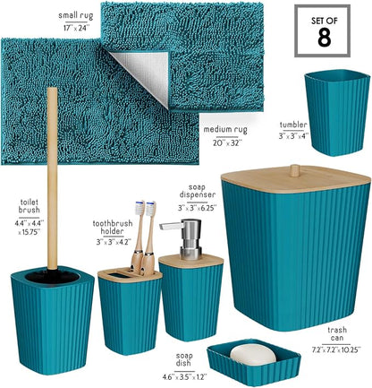 Clara Clark Bathroom Set - Teal Bathroom Accessories Set, 6PC Bathroom Accessory Set, Bathroom Sets with Bathroom Rugs, Toilet Brush, Trash Can & Soap Dispenser