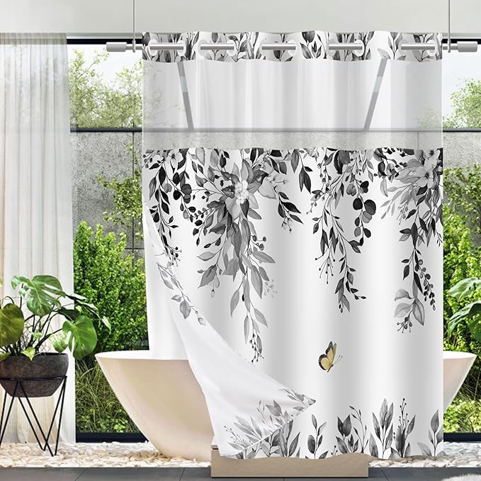 No Hook Shower Curtain and Liner Set, Grey Eucalyptus 71x74 | Floral Design, with Snap in Liner, Waterproof, Machine Washable, Quick-Drying, for Hotel Bathroom