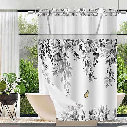 No Hook Shower Curtain and Liner Set, Grey Eucalyptus 71x74 | Floral Design, with Snap in Liner, Waterproof, Machine Washable, Quick-Drying, for Hotel Bathroom