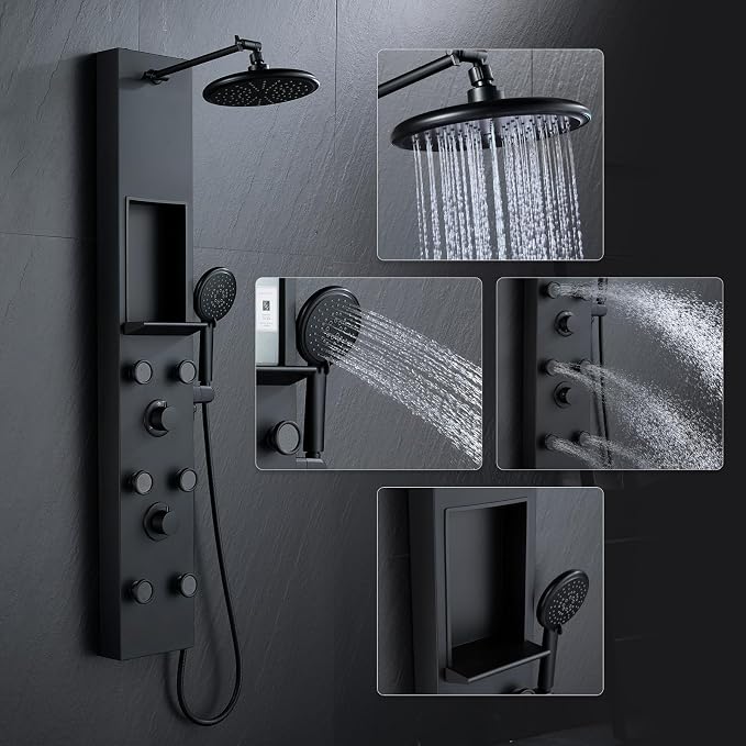 PF Shower Panel Tower Adjustable Shower Arm Height Rainfall Head System | Stainless Steel Shower Panel with Shelf and 6 Body Massage Jets Bathroom Black Shower Column Panels 5-Mode Handheld Shower