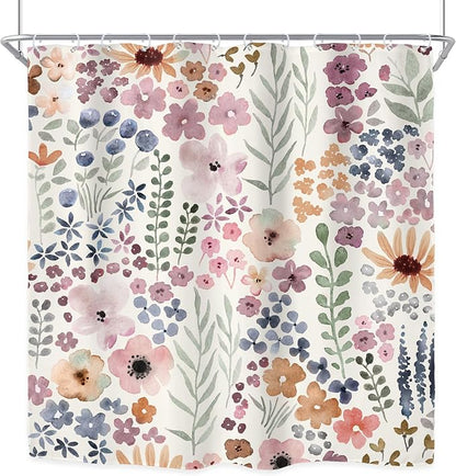 Cute Floral Flower Watercolor Spring Botanical Bathroom Shower Curtain Set | 72"W x 72"H Rustic Plant; waterproof HD print, quick-dry fabric with 12 hooks for easy hanging.