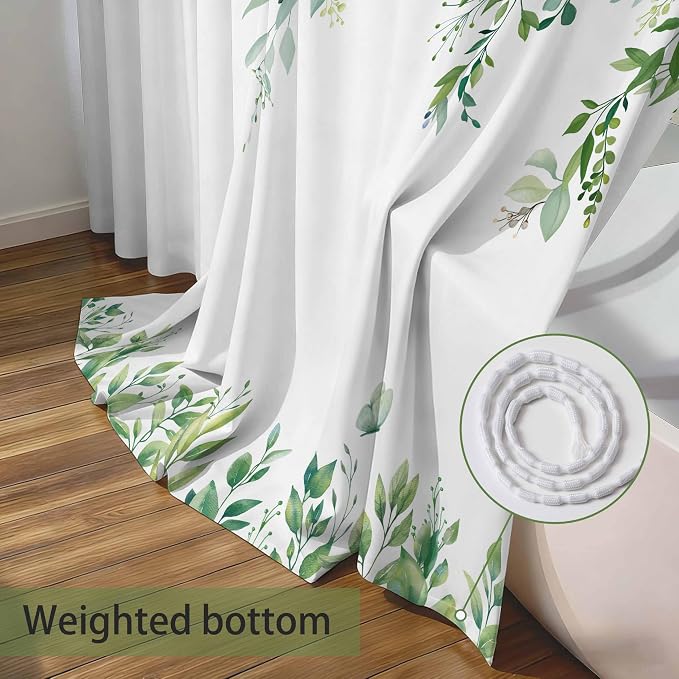 Light Green Floral Eucalyptus Shower Curtain with Hooks, 72x72 Inch | Waterproof Fabric, Watercolor Leaves and Floral, Botanical Style, Machine Washable, Quick-Drying, for Hotel Bathroom