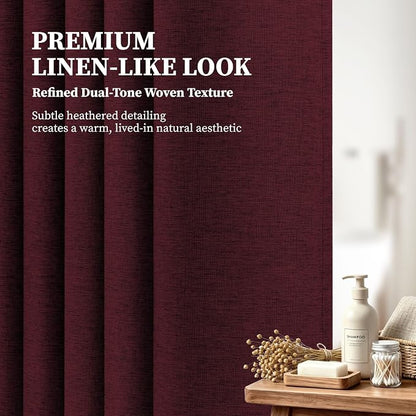 Long Linen Textured Waterproof Shower Curtain Set, 72x84, Burgundy | Tall Size, 230GSM Polyester, Heavy Duty Cloth, Weighted Hem, 12 Plastic Hooks, Modern Luxury Hotel Style, Machine Washable
