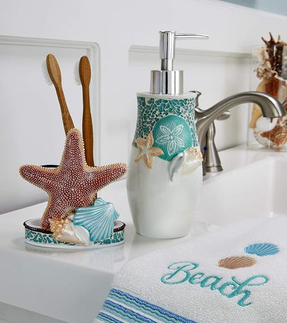 SKL Home South Seas Hand Towel Set-2pc, Coastal Embroidery, White | 100% Cotton. Soft, absorbent terry. For use in the bathroom, kitchen or bar. Great for Airbnb & beach décor.