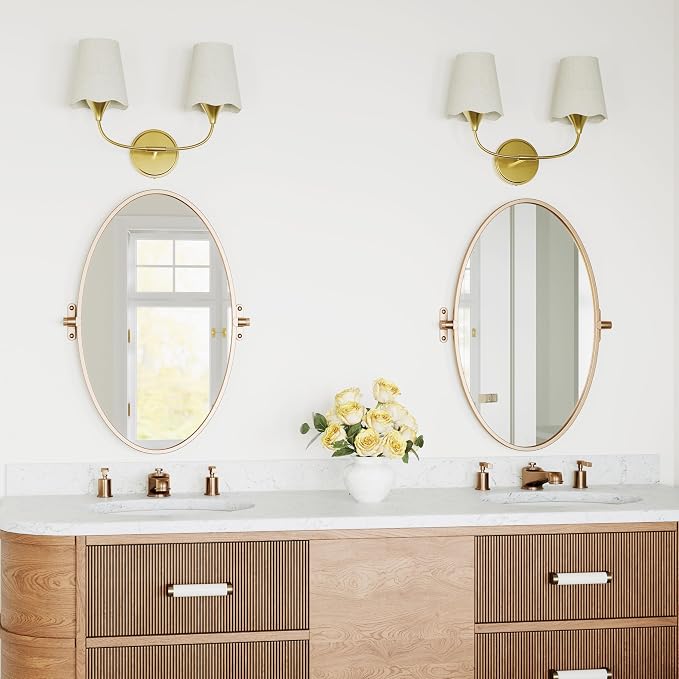 Morauroral Bathroom Light Fixtures Over Mirror, 2 Light Vanity Lights for Bathroom, Gold Vanity Lighting Fixtures with Fabric Linen Shade, E26 Socket Modern Sconce Wall Decor (ETL Listed)