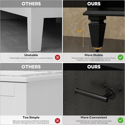 LIKIMIO 36 Inch Bathroom Vanity with Sink, Towel Holder & Adjustable Solid Wood Legs for Uneven Floor, Modern Bathroom Storage Cabinet with Tip-Out Drawer, 2 Drawers & Adjustable Shelf, Black