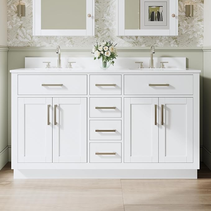 60-Inch Bathroom Vanity with Double Sinks W/ 4 Doors & 4 Drawers & 2 Flip Drawers, White Vanity W/Brushed Nickel Handles