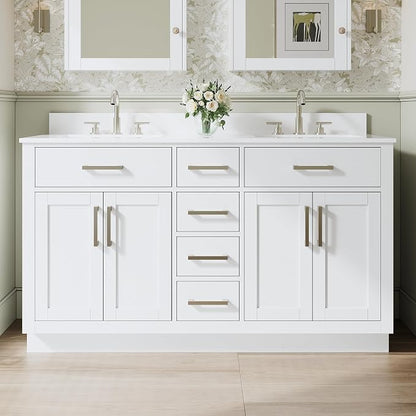 60-Inch Bathroom Vanity with Double Sinks W/ 4 Doors & 4 Drawers & 2 Flip Drawers, White Vanity W/Brushed Nickel Handles