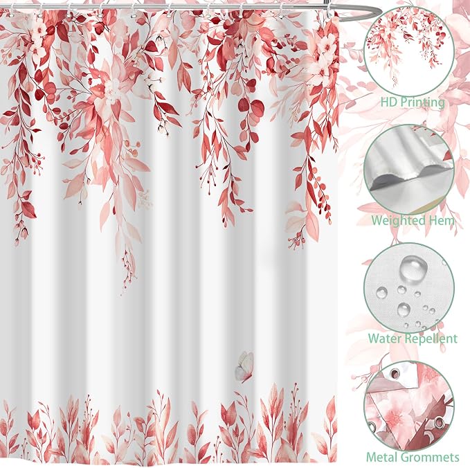 Pink Floral Eucalyptus Shower Curtain with Hooks, 72x84 Inch | Waterproof Fabric, Watercolor Leaves and Floral, Botanical Style, Machine Washable, Quick-Drying, for Hotel Bathroom