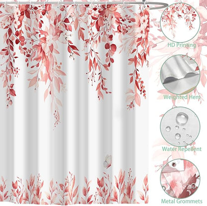Pink Floral Eucalyptus Shower Curtain with Hooks, 72x84 Inch | Waterproof Fabric, Watercolor Leaves and Floral, Botanical Style, Machine Washable, Quick-Drying, for Hotel Bathroom