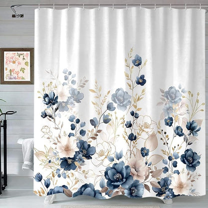 Sanzugh Navy Blue and Gold Flower Shower Curtain, Boho Watercolor Floral Leaves Cute Fabric Shower Curtains Set for Bathroom Decorative with Hooks 72 X 83 inch Beautiful Bath Decor