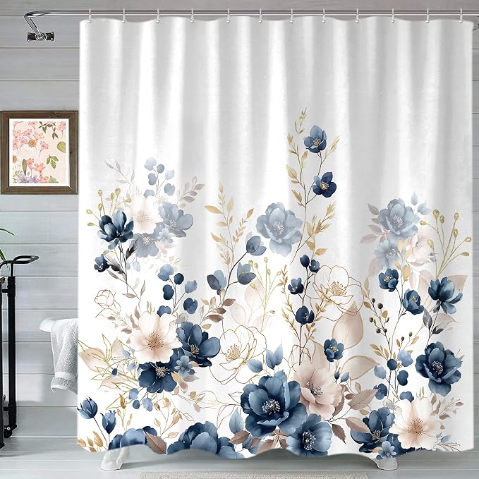Sanzugh Navy Blue and Gold Flower Extra Long Shower Curtain, Boho Watercolor Floral Leaves Cute Fabric Shower Curtains Set for Bathroom Decorative with Hooks 72 X 96 inch Beautiful Bath Decor