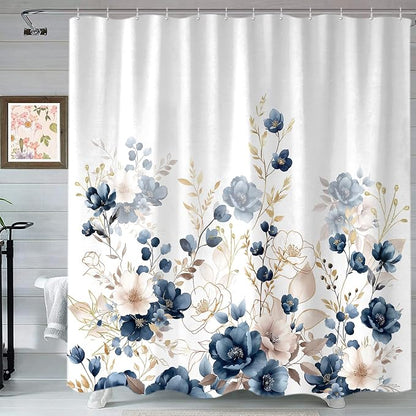 Sanzugh Navy Blue and Gold Flower Shower Curtain, Boho Watercolor Floral Leaves Cute Fabric Shower Curtains Set for Bathroom Decorative with Hooks 72 X 72 inch Beautiful Bath Decor