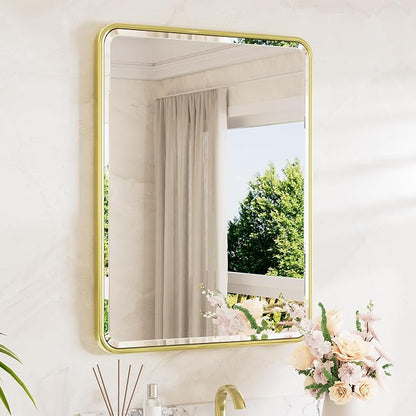 Brushed Gold Mirror for Bathroom 22 x 30 Beveled Edge Tempered Glass, Rounded Corner Rectangle Bathroom Mirror for Over Sink for Modern Bathroom, Living Room, Bedroom, Entryway