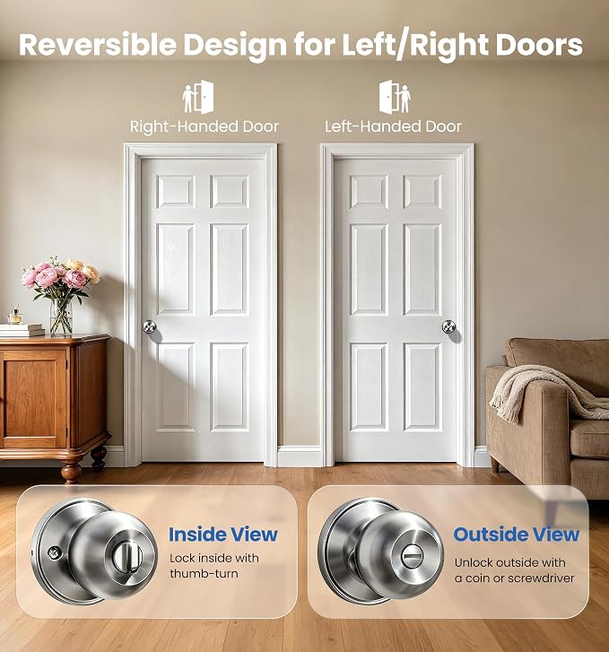 Veise Privacy Interior Door Knobs for Bedroom & Bathroom, Brushed Nickel | ANSI Grade 3, Keyless, Easy Installation, Thumb Lock Emergency Release, Rust & Fingerprint-proof, Reversible,Classic