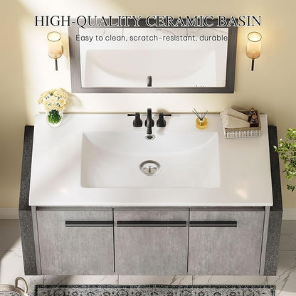 DWVO Modern 36" Bathroom Vanity with Sink Combo, Wall Mounted, White + Gray, 2 Soft-Close Doors, 1 Large Storage Cabinet, Ceramic Sink, Bathroom Storage