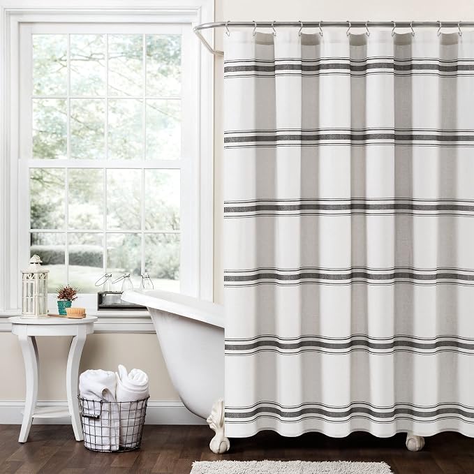 Lush Decor Farmhouse Stripe Cotton Shower Curtain, 72" W x 72" L, Black - Striped Bathroom Curtain - Fabric Shower Curtains - Farmhouse Bathroom Decor