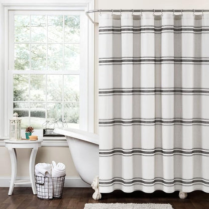 Lush Decor Farmhouse Stripe Cotton Shower Curtain, 72" W x 72" L, Black - Striped Bathroom Curtain - Fabric Shower Curtains - Farmhouse Bathroom Decor