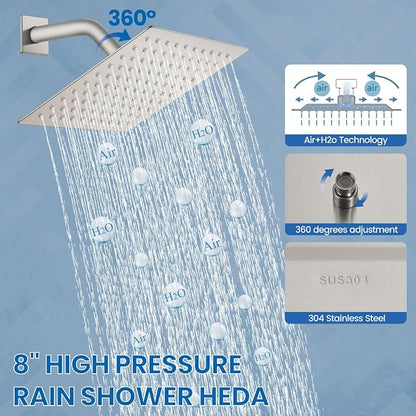 Airuida Brushed Nickel Shower Faucet Set,8 Inch Shower Valve Kit | Square Showerhead,Female Thread Rough-in Valve,Bathroom Rain Shower System,Single Function Handle