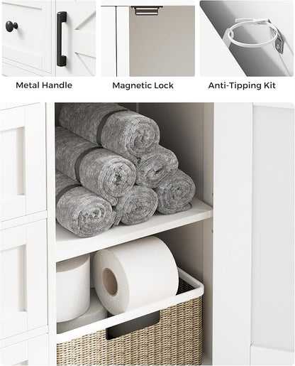 Homhedy Bathroom Storage Cabinet with 3 Drawers, Toilet Paper Cabinet | Farmhouse Freestanding Floor Cabinet with Door and Adjustable Shelf, Small Cabinet for Bathroom, Living Room, White