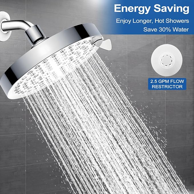 High Pressure Shower Head 7-Setting 6" Fixed Rain for Low Flow | 360° adjustable ball joint, ABS lightweight, low water pressure, easy install without tools, ideal for dorm/apartment/renter