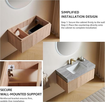 30” Floating Bathroom Vanity with Sink, Wall-Mounted Cabinet with Drawer & Doors, Gray Travertine-Pattern Sintered Stone Top, Undermount Basin, Single Faucet Hole, Soft-Close, Pre-Assembled, Light Oak