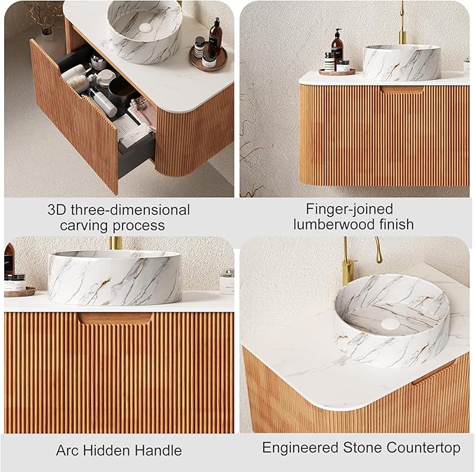 36" Bathroom Vanity with Sink, Floating Cabinet with Ultra-Thin Ceramic Basin and Marble Countertop, Large Storage Drawer, Soft-Close Design, No Assembly Required, Nature Wood