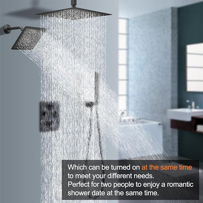 Dual Shower Heads Shower System with 16" Ceiling Mounted Rain Shower Head & 6" Wall Mounted Head Full Body Shower System 3 Way Thermostatic Shower Valve Can All Run Together, Matte Black